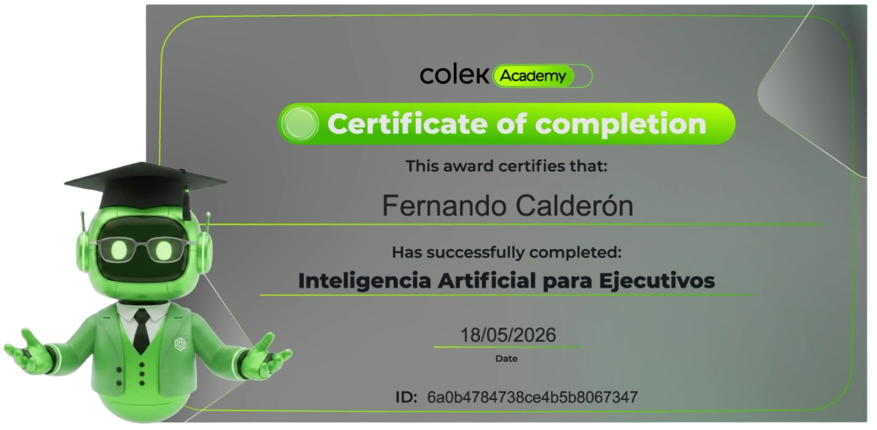 Certificado de finalización del curso Inteligencia Artificial para Ejecutivos de Colek Academy